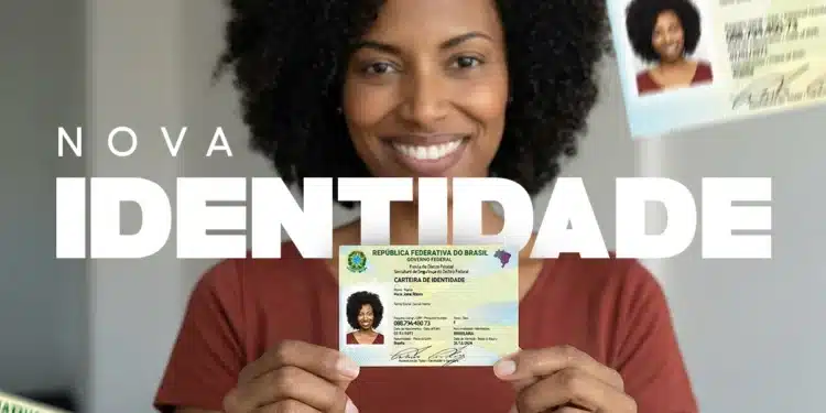 Pessoa segurando nova Carteira de Identidade do Brasil, com foco na foto do documento e texto 'Nova Identidade' em destaque.