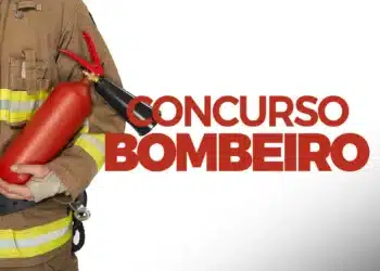 Bombeiro segurando extintor com texto Concurso Bombeiro em destaque