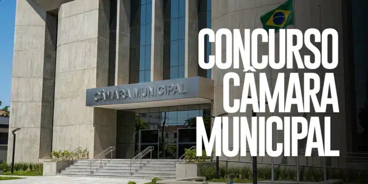 Fachada moderna de uma Câmara Municipal com destaque para concurso público 2026.