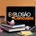 Mesa com livros, anotações, xícaras e notebook exibindo o texto "Explosão de Concursos"