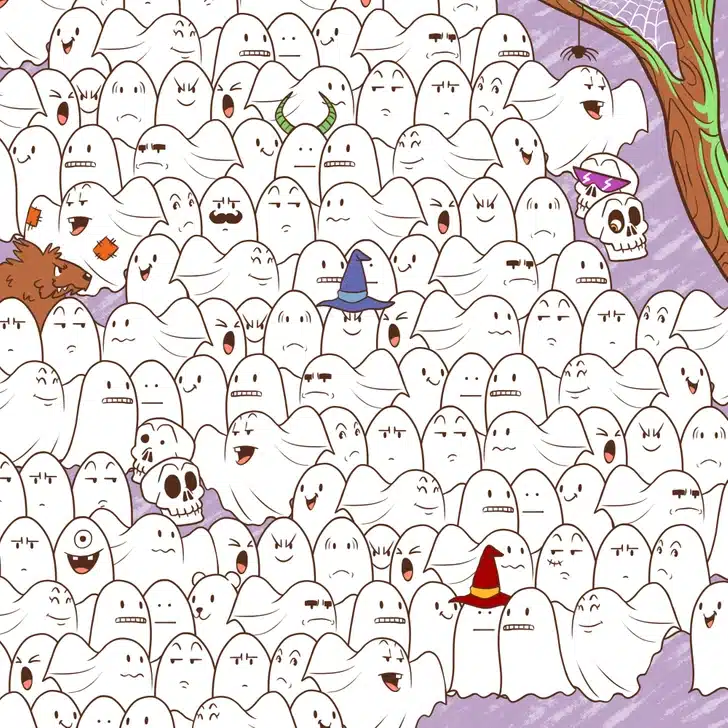 Ache o urso polar escondido entre tantos fantasmas. Desafio visual com muitos fantasmas e um urso polar escondido com tema Halloween