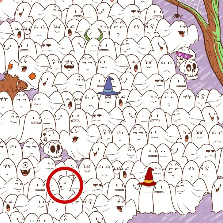 Desafio visual: encontre o urso polar entre os diversos fantasmas Desafio visual com muitos fantasmas e um urso polar escondido com tema Halloween