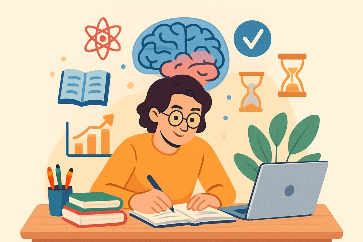 Pessoa estudando em uma mesa com notebook e livros