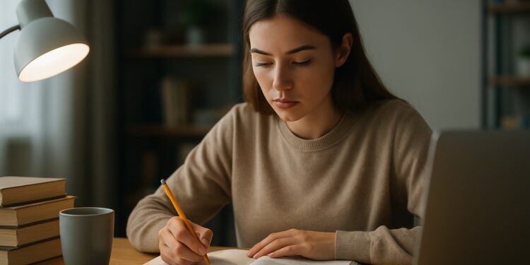 Jovem estudando em uma mesa com livros, caderno e laptop