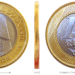 Três visualizações da moeda de 1 Real comemorativa dos 40 anos do Banco Central: anverso com o prédio do BC, perfil da borda serrilhada e reverso com o valor de 1 Real e o ano 2005.