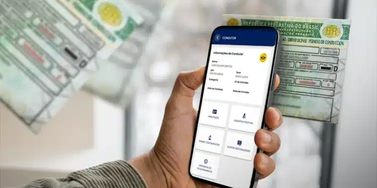 Imagem de um smartphone exibindo informações de uma CNH digital, ao lado de uma CNH impressa, com dados como nome e data de validade visíveis.
