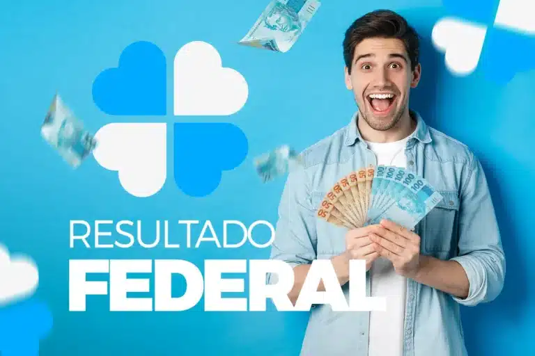 Homem feliz exibe cédulas de dinheiro com destaque para o resultado da Loteria Federal.
