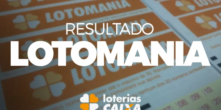 Volantes da Lotomania e logo da Loterias Caixa, resultado em destaque