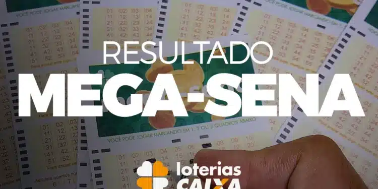 Pessoa preenchendo volante da Mega-Sena com destaque para o texto 'Resultado Mega-Sena' das Loterias Caixa