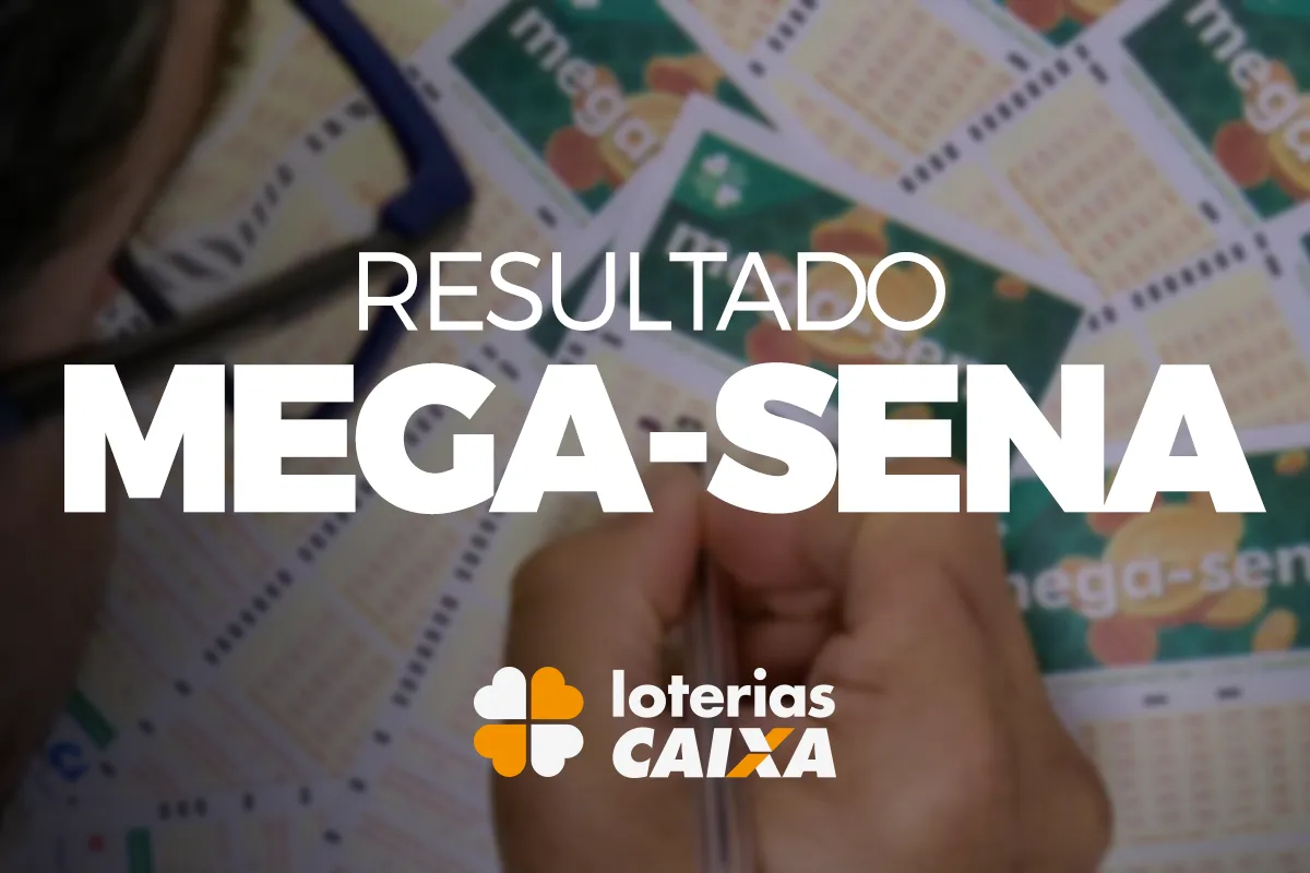 Pessoa preenchendo volante da Mega-Sena com destaque para o texto 'Resultado Mega-Sena' das Loterias Caixa