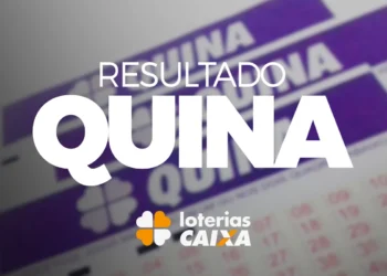 Cartela da Quina das Loterias Caixa com destaque para o texto resultado Quina em branco sobre fundo roxo.