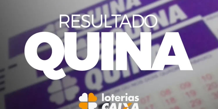 Cartela da Quina das Loterias Caixa com destaque para o texto resultado Quina em branco sobre fundo roxo.