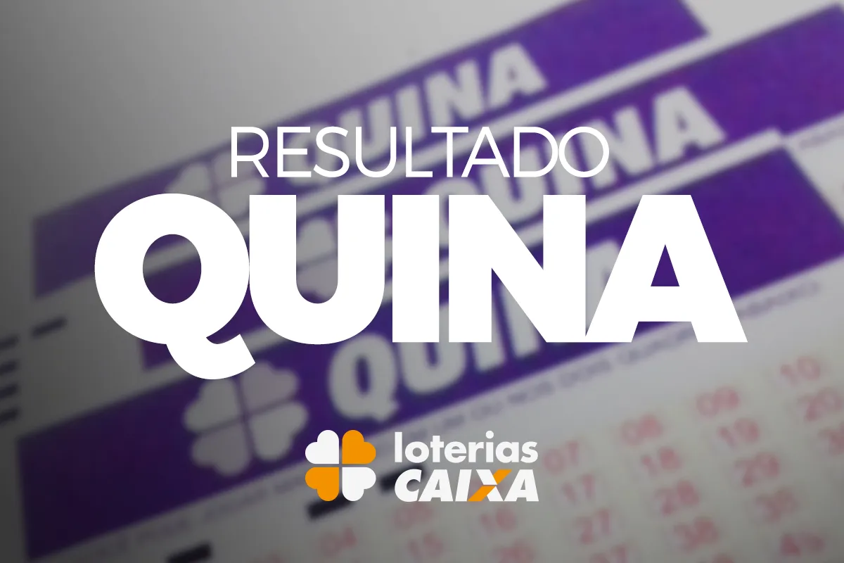 Cartela da Quina das Loterias Caixa com destaque para o texto resultado Quina em branco sobre fundo roxo.