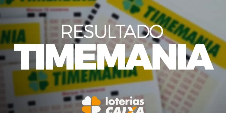 Resultado Timemania 2026, volantes Timemania e logo Loterias Caixa ao fundo