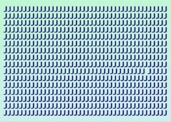 Teste visual com várias letras J maiúsculas azuis em linhas organizadas sobre fundo azul
