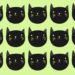 Teste visual com desenho repetido de cabeças de gatos pretos com orelhas pontudas e bigodes coloridos em fundo verde