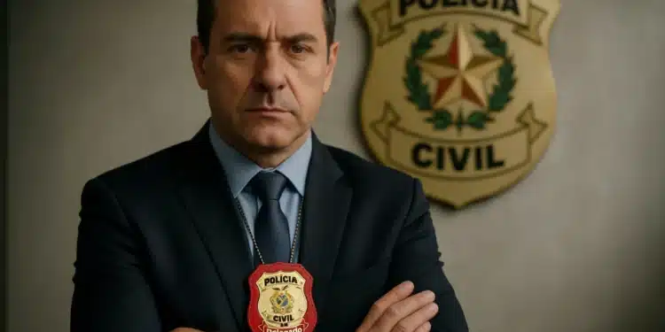 Delegado da Polícia Civil com distintivo, representando a carreira de delegado.