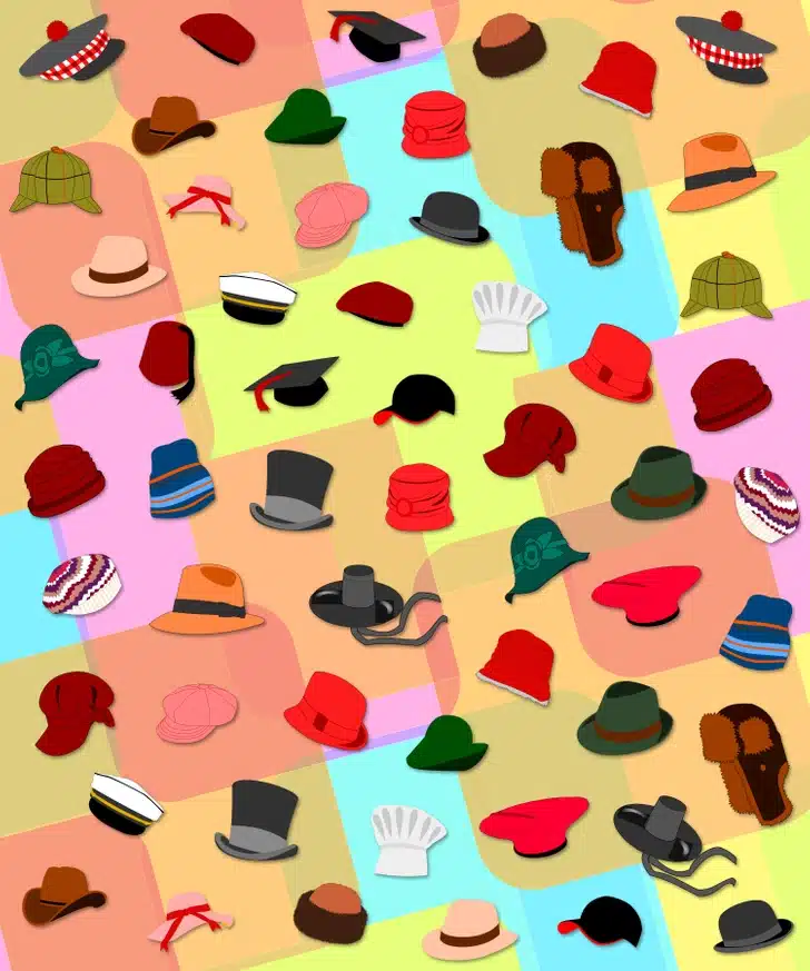 Entre dezenas de estilos, apenas um chapéu não se repete: descubra qual! Desafio visual com diversos chapéus de modelos e cores variadas distribuídos em padrão sobre fundo colorido