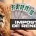 Leão em destaque ao lado de notas de reais e logotipo do Imposto de Renda