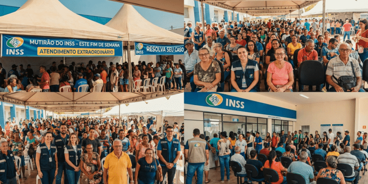 Pessoas aguardam em filas e sentadas sob tendas durante mutirão do INSS com servidores atendendo a população.