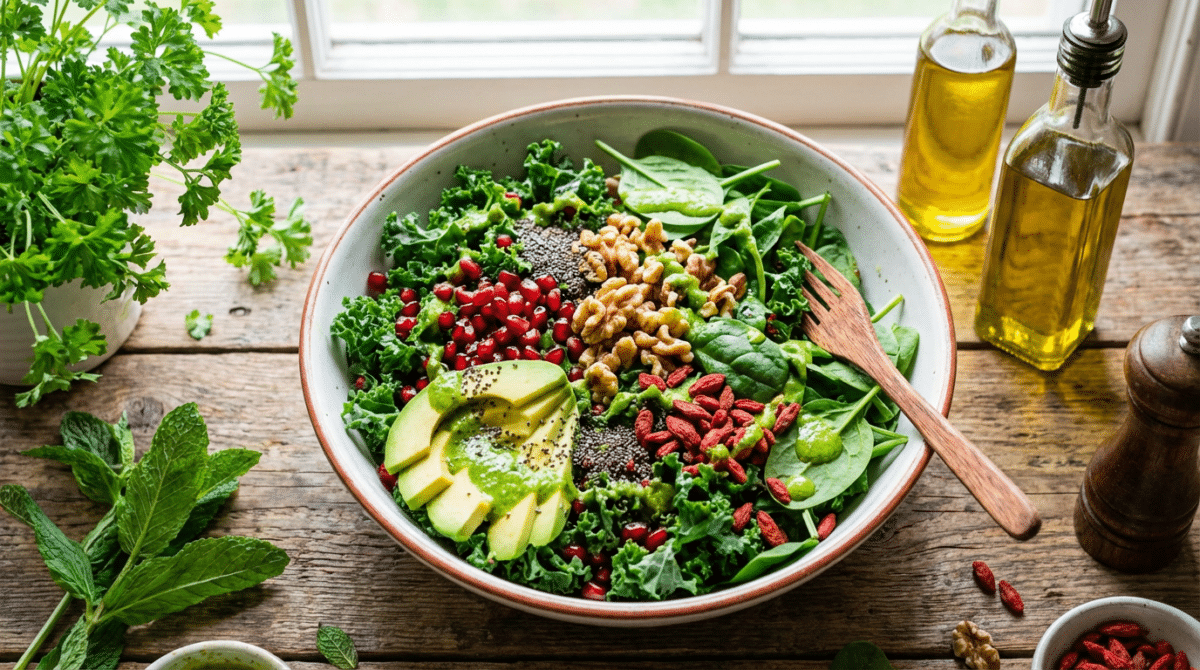 Prato fundo com salada verde, abacate fatiado, nozes, chia, goji berry e molho ao lado de azeites sobre mesa de madeira.