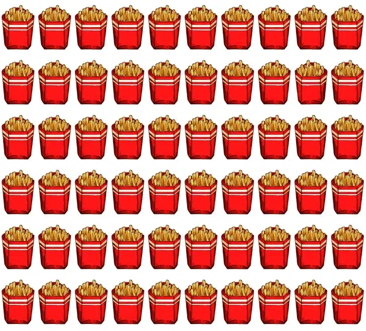 Teste de concentração com diversas caixas de batata frita organizadas em linhas iguais, uma diferente entre elas.
