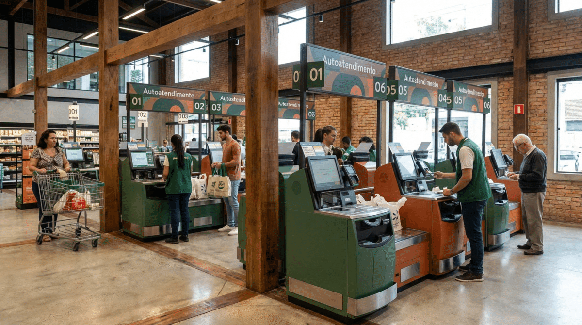 Pessoas usam caixas de autoatendimento em supermercado, funcionários auxiliam clientes
