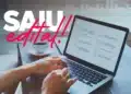 Pessoa digita em notebook ao lado de xícara de café com tela exibindo lista de tarefas