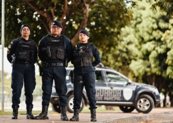 Três guardas civis municipais uniformizados em frente a viatura estacionada