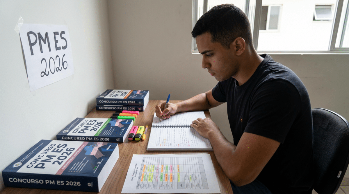 Homem escrevendo em caderno com livros do Concurso PM ES 2026 na mesa, ao lado de janela