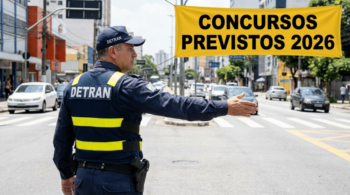 Agente do Detran faz sinalização em rua movimentada com faixa de concursos previstos 2026