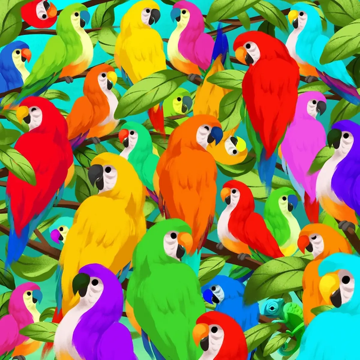 Desafio visual com papagaios coloridos e camaleão camuflado – encontre o camaleão escondido.