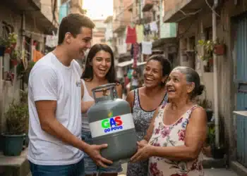 Jovem sorridente entrega botijão de gás a senhora em viela de comunidade popular