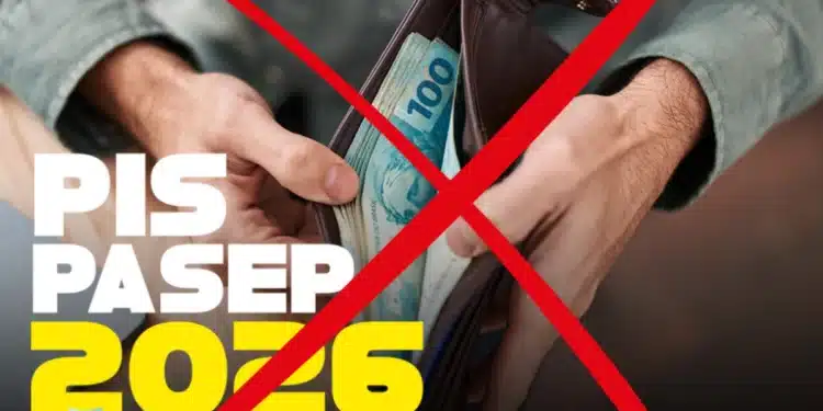 Carteira com notas de cem reais e símbolo de X vermelho representando bloqueio ou atraso no pagamento do PIS/PASEP 2026.