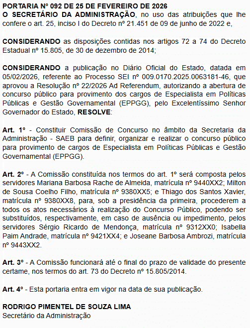 Documento oficial com regras e composição da comissão do concurso EPPGG da SAEB