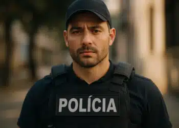 Policial fardado com colete tático e boné em ambiente urbano