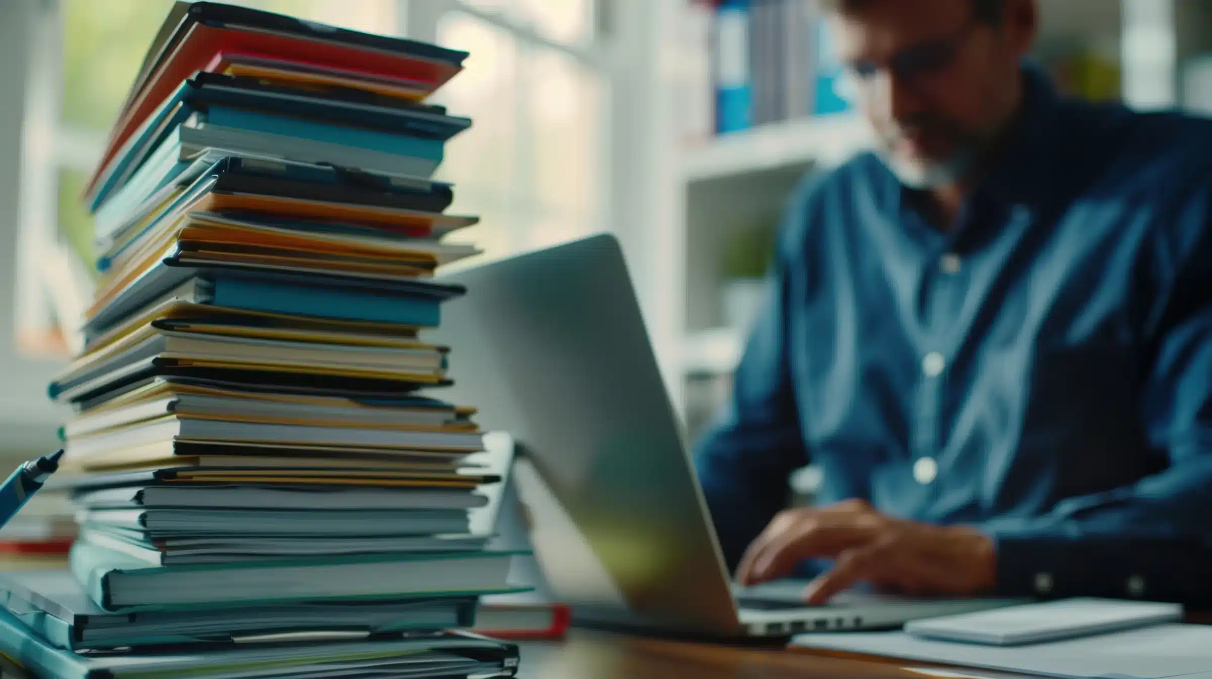 Homem trabalhando no computador, com uma pilha de livros ao lado, simbolizando o processo seletivo e inscrições abertas.
