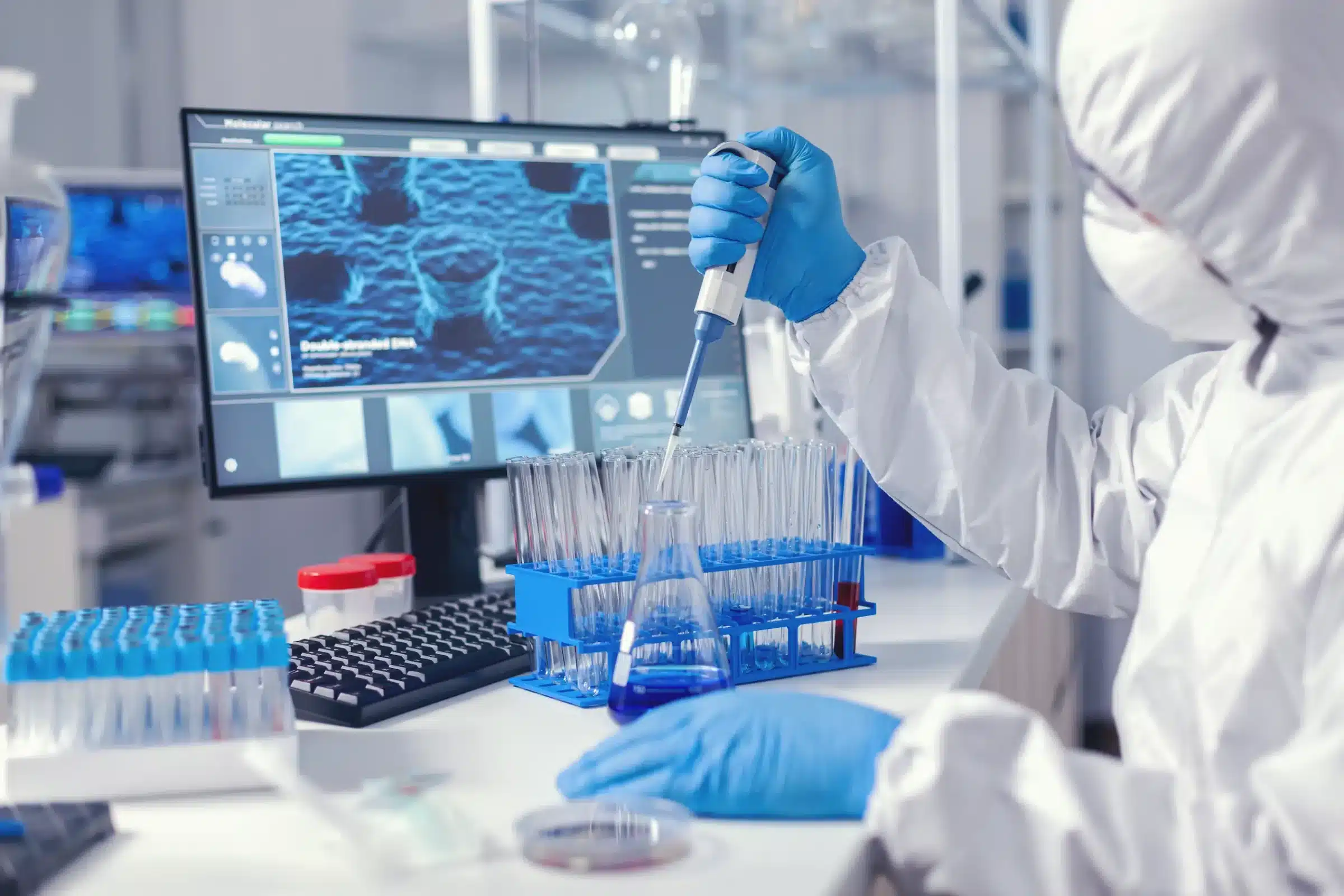 Pesquisador de laboratório realizando experimentos, simbolizando a importância das profissões essenciais, como saúde e ciência, que oferecem estabilidade no mercado de trabalho.