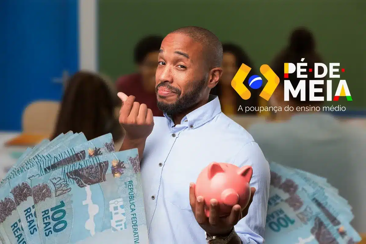 Estudante segurando cofrinho e notas de real representa os critérios para receber os pagamentos do programa Pé-de-Meia.