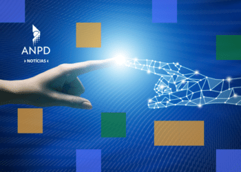 Arte da ANPD mostrando mão humana tocando mão digital simbolizando proteção de dados