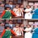 Sete personagens do Chaves posando juntos em cenário de vila, compondo desafio visual