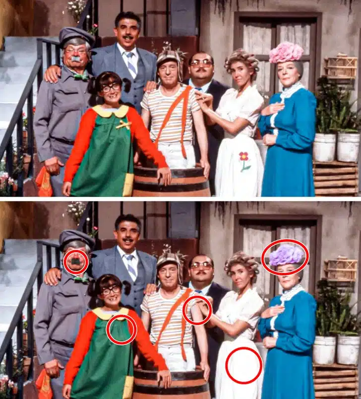 Sete personagens do Chaves posando juntos em cenário de vila, compondo desafio visual