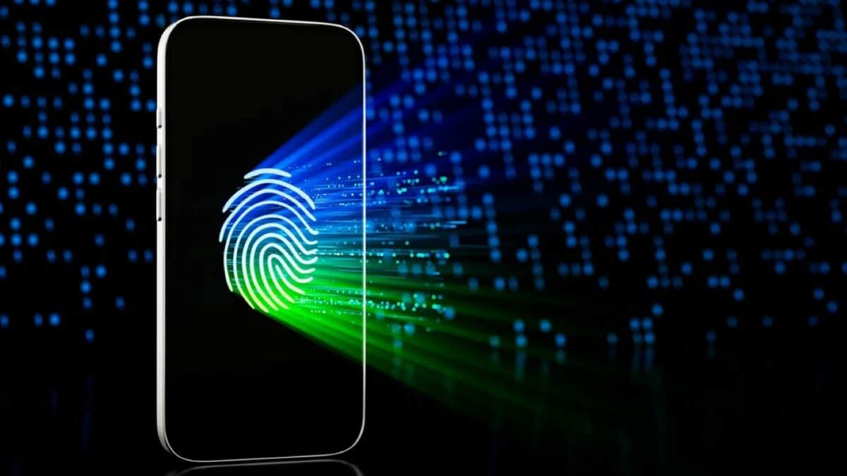 Imagem representando um iPhone com leitura de impressões digitais, simbolizando o risco de espionagem digital e roubo de dados via falhas de segurança.