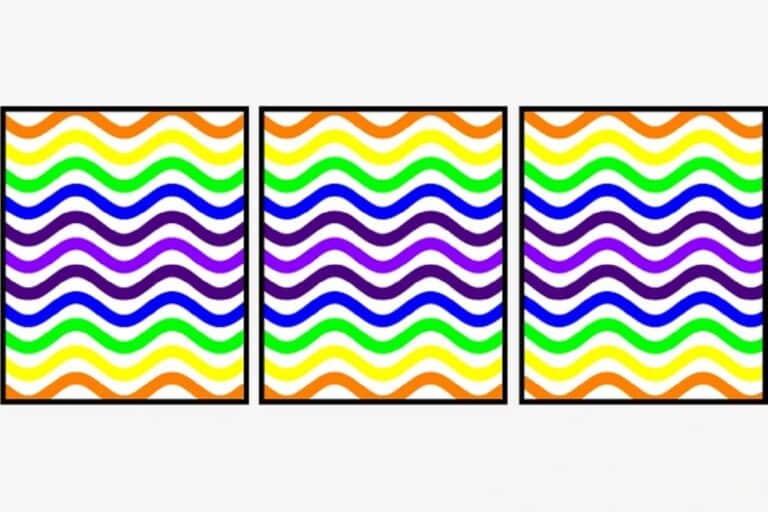 Desafio visual com três quadros com linhas onduladas coloridas e padrão similar lado a lado