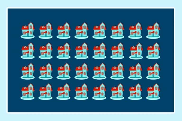 Desafio visual com uma fila de casas coloridas lado a lado com uma casa diferente entre elas