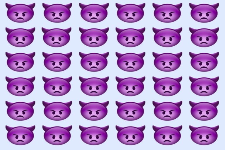 Desafio visual com diversos emojis roxos com expressão séria alinhados formando um padrão repetitivo