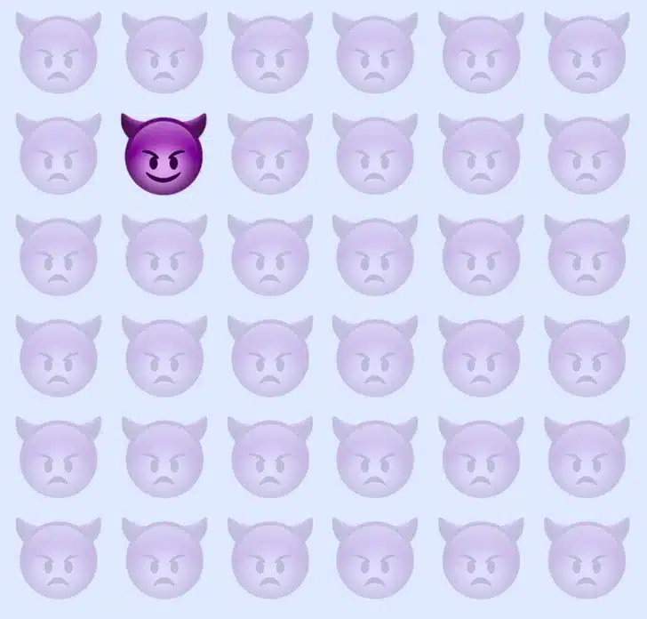 Desafio visual com diversos emojis roxos com expressão séria alinhados formando um padrão repetitivo