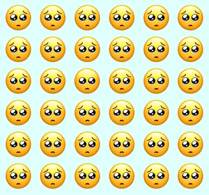 Desafio visual com vários emojis com expressão triste organizados em fileiras sobre fundo azul
