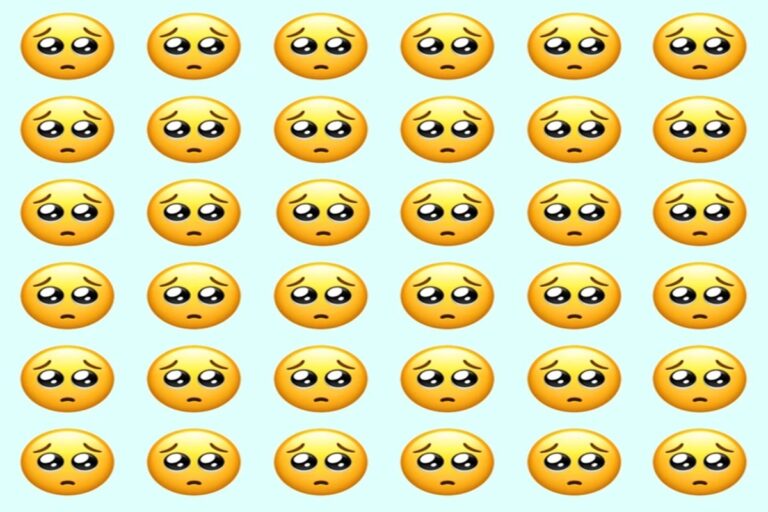 Desafio visual com vários emojis com expressão triste organizados em fileiras sobre fundo azul