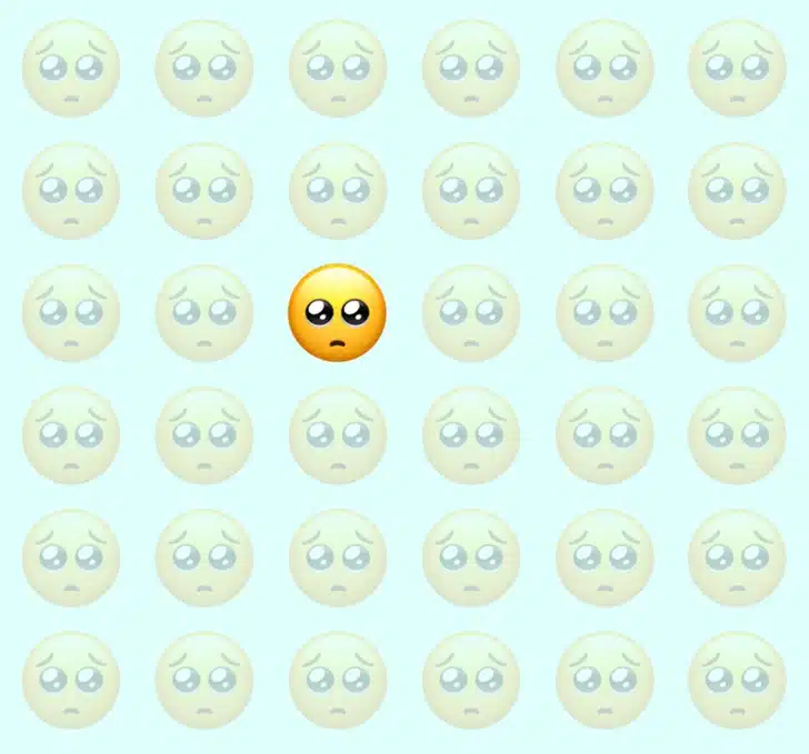 Desafio visual com vários emojis com expressão triste organizados em fileiras sobre fundo azul
